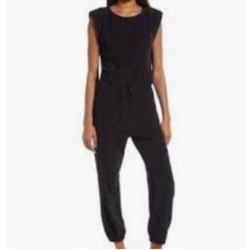 Wayf Hayden Womens Terry Sleeveless Knit Jumpsuit Black Padded Shoulder XL NWOT